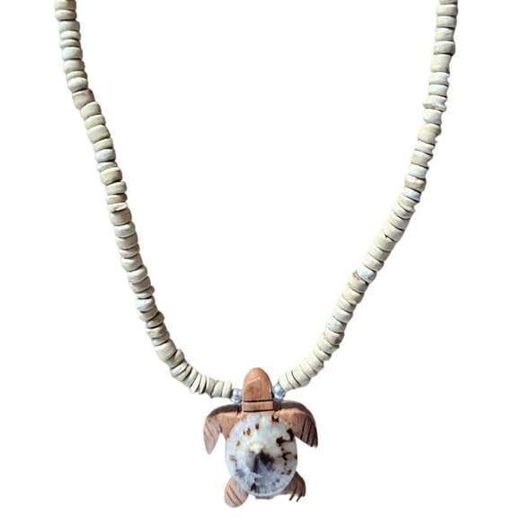 Handmade Wooden Turtle Seashell Pendant Necklace Beaded Chain Hand Carved Beach - Picture 1 of 7
